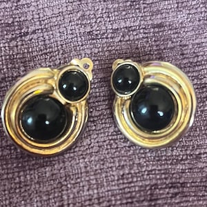 vintage gold tone clip on earrings with black stones rare unique