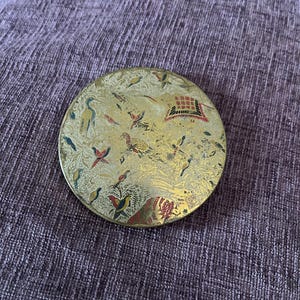 Vintage Compact Powder Round birds Design Gold tone Mirror Makeup collectible