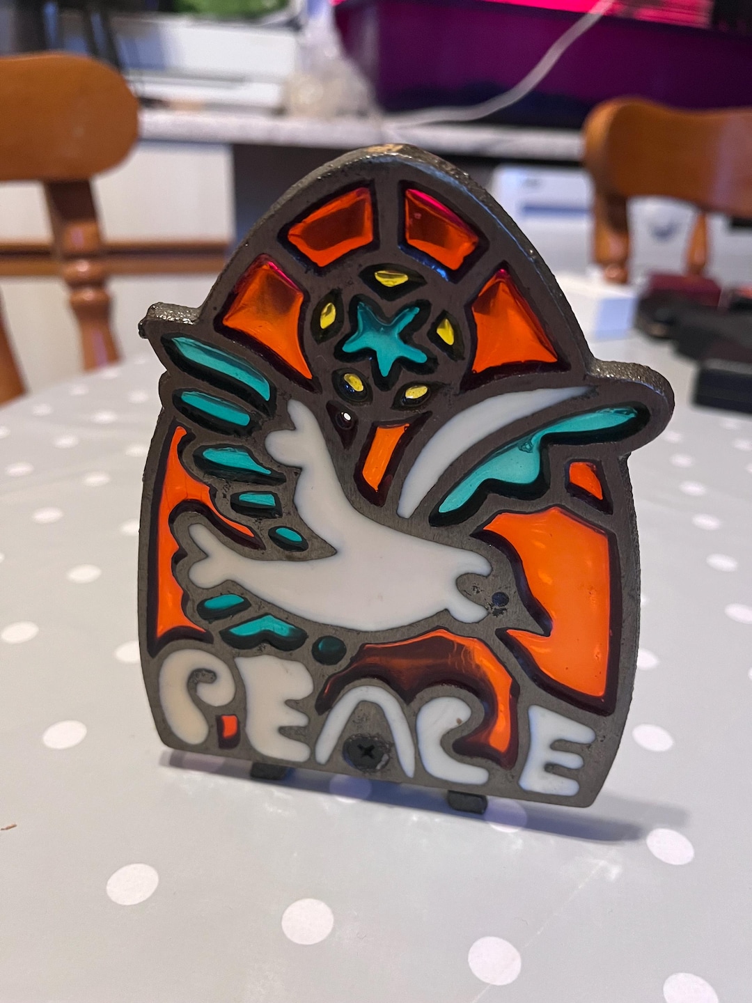 Vintage Peace Bird Dove Stained Glass Cast Iron Suncatcher Candle ...