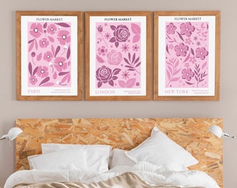 Preppy Wall Art Set of 03 | Botanical Wall Art | Aesthetic Wall Art | Pink Wild Flower Prints | Minimalist Prints | Living Room Decor | Gift