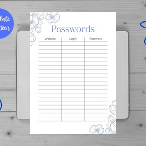 Password Tracker | for notes | Password Log | Planner Templates | Organizer | Fillable Fields | Planner PDF
