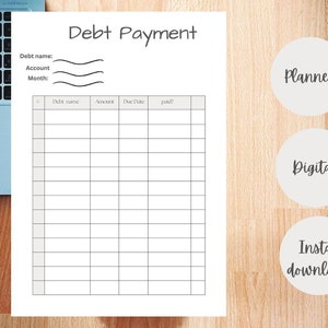 Schuldbetaling | Afdrukbaar |  Schuldafbetalingslogboek | Geldplanner | Budgetplanner, pdf