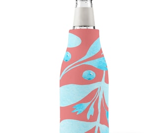 Funda térmica para botellas con cremallera y estampado floral azul / Aislante de neopreno para botellas
