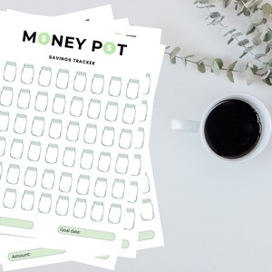 May include: A stack of white paper sheets featuring a savings tracker design. The text "MONEY POT" and "SAVINGS TRACKER" is at the top. The tracker has rows of jar illustrations for tracking savings goals. A white coffee mug and greenery are in the background.