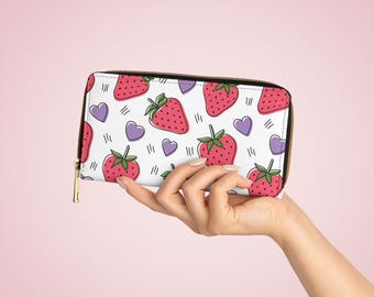 Portemonnee van PU-leer met rits en bloemenprint: aardbeiontwerp