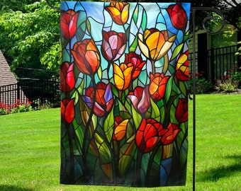 Spring Tulips Flag, Tulips Flag, Stained Glass Spring Floral Flag, Tulips Garden Flag, Spring Garden Flag, Spring Flowers Flag UMWC23