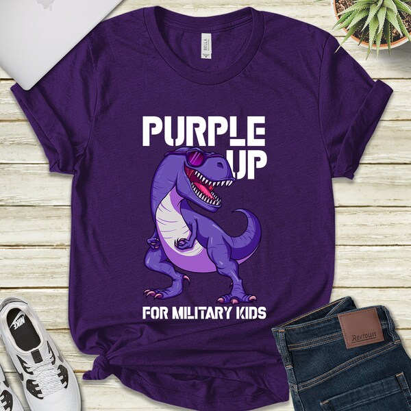 Dinosaur Purple Up For The Military Child Month Shirt, Purple Up For Military Kids Shirt, Purple Ribbon Dinosaur T rex Shirt E-28032385