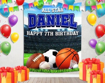 All-Star Birthday Party Backdrop/Sports Birthday Banner/Football Basketball Baseball Soccer Background/Decor Birthday Party OFYO41