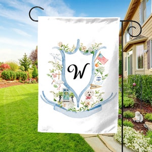 Custom Preppy Bow Hydrangea Monogram Crest Spring Garden Flag, Personalized with Initial UMWG13