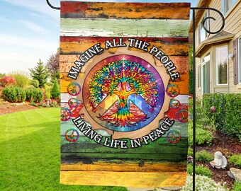 Peace Sign Hippie Flag, Imagine All The People Living Life In Peace Garden Flag, Tree Of Life Inspirational Yard Outside Decorations E2E410