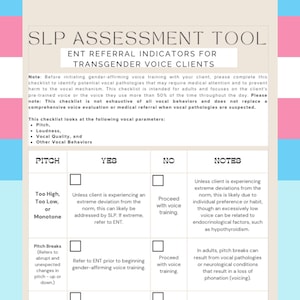 Könnte beinhalten: Eine Checkliste für Logopäden, um potenzielle Stimmstörungen bei Transgender-Stimmen zu beurteilen. Die Checkliste umfasst Abschnitte für Tonhöhe, Tonhöhenbrüche und reduzierte Tonhöhe, mit Ja/Nein-Optionen und Anmerkungen für jeden Abschnitt.