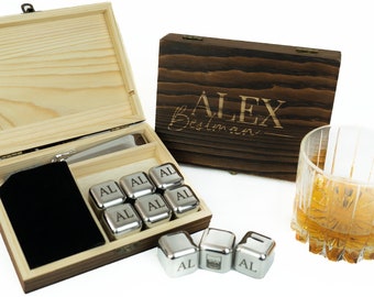 Personalised Whiskey Stones in Wooden Box Customised Engraved Name Gift Set - Perfect Gift for Him, Bestman Groomsman - Ice Cubes - Set of 9