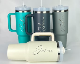 Personalised Engraved Tumbler with Handle & Straw: 40oz Insulated Coffee Flask
