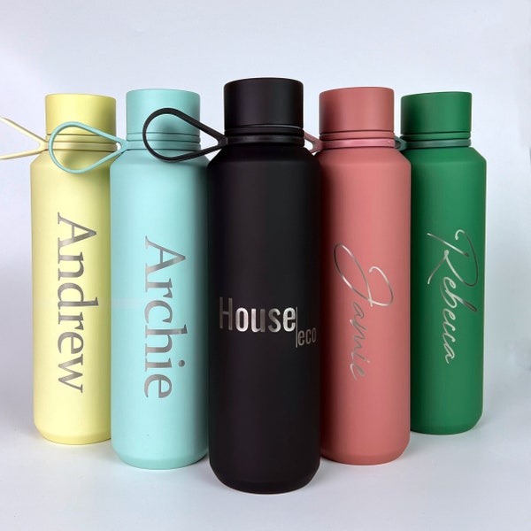 Personalised Water Bottle Insulated with Carry Handle, Gym Bottle, School Bottle, Bridesmaid Gift, Laser Engraved Name or Logo - 600ml