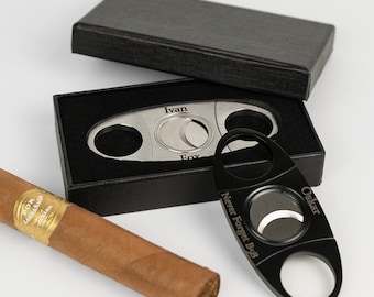 Personalised Cigar Cutter with Gift Box, Laser Engraved, Perfect Gift for Him, Boyfriend, Wedding Groom, Groomsman - Silver and Black