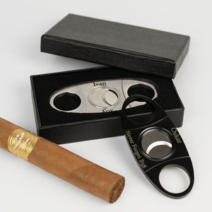 Gepersonaliseerde sigarenknipper met geschenkdoos, lasergegraveerd, perfect cadeau voor hem, vriend, bruiloftsbruidegom, stalknecht - zilver en zwart