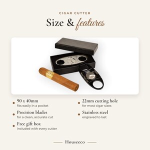 Cigar cutter features: 90 x 40mm, 22mm cutting hole, precision blades, stainless steel, free gift box