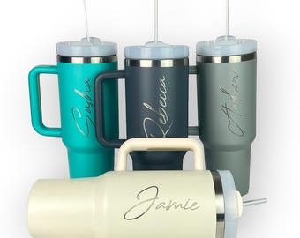 Personalisierte gravierte Becher mit Griff & Strohhalm: 40 Unzen Thermoskanne
