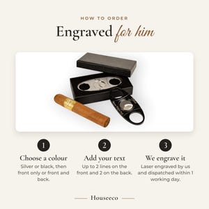 How to order your personalised cigar cutter: choose silver or black, add up to 2 lines front and back, we laser engrave it