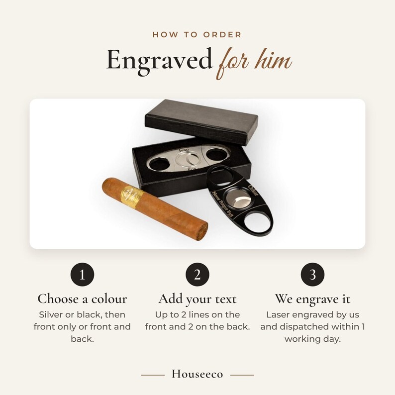 How to order your personalised cigar cutter: choose silver or black, add up to 2 lines front and back, we laser engrave it