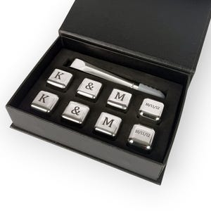 Personalised Stainless Steel Whiskey Stones Gift Set, Engraved Cubes, Tongs, Bag