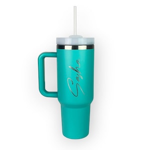 Gepersonaliseerde gegraveerde beker met handvat en rietje: 40 oz geïsoleerde koffiefles Deep Teal