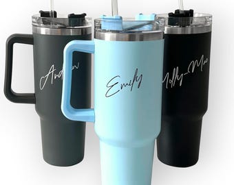 Personalised 40oz Tumbler: Insulated Stainless Steel Travel Mug with Handle & Straw