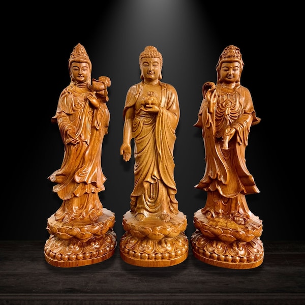 Wooden Buddha Statue of The Three Saints of the Western Pure Land(Mahasthamaprapta Bodhisattvas, Amitabha, Guan Yin) Meditation Buddhist Art