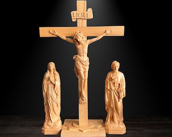 Crucifix Cross, Saint Joseph & Saint Mary Wood Carving Statue, Catholic Home Altar for family, Religious Catholic Statue, Housewarming Gift