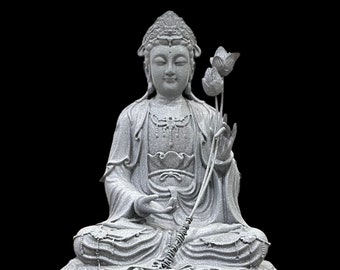 Guan Yin Bodhisattva Holding Lotus Flower Artificial Stone Statue, Quan Yin, Kuan Yin Statue Feng Shui, Indoor Outdoor Buddhist Decoration