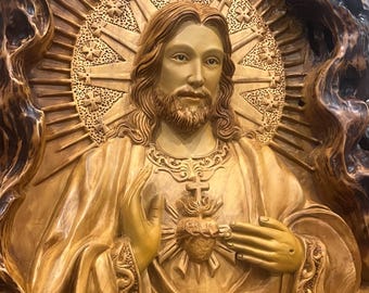 Hand-Carved Sacred Heart of Jesus Wood Carving: Aromatic Catholic Wall Art