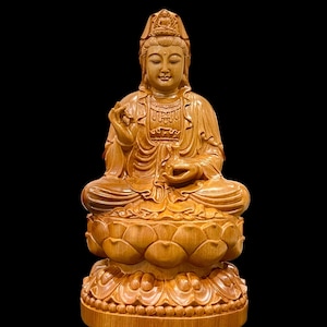 12&#39;&#39; 30cm Wooden Guan Yin Bodhisattva Sitting on Lotus Statue, Quan Yin Statue, Buddhist Art Feng Shui, Meditation Statue, Zen Buddha Statue