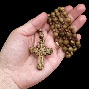 Incense wood rosary high detail carving crucifix cross pendant, handmade catholic wood beads five decade rosary, Christian Catholic gift