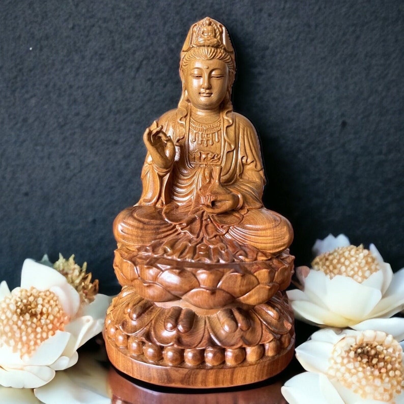 6'' 8'' 12'' Wooden Sitting Guan Yin Bodhisattva Statue, Quan Yin, Yoga Decor, Buddhist Art Feng Shui, Meditation Statue, Zen Buddha Statue image 1