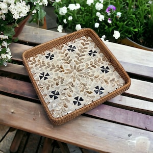 Hand-woven Rattan and Mother Pearl Inlay Serving Tray, Coffee table tray, Square Decoration tray, Tea Cocktail tray Black Flower Gold leaves