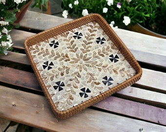 Hand-woven Rattan and Mother Pearl Inlay Serving Tray, Coffee table tray, Square Decoration tray, Tea Cocktail tray Black Flower Gold leaves