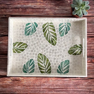 Tropical leaves mother pearl rectangle serving tray, lacquer breakfast tray, nacre coffee table tray, decorative tray, housewarming gift
