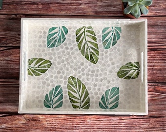 Tropical leaves mother pearl rectangle serving tray, lacquer breakfast tray, nacre coffee table tray, decorative tray, housewarming gift