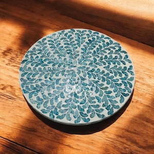 16” Capiz Shell Lazy Susan Blue Leaves Pattern – Handcrafted Rotating Tray for Modern Kitchen & Entertaining, Capiz Inlay Turntable tray