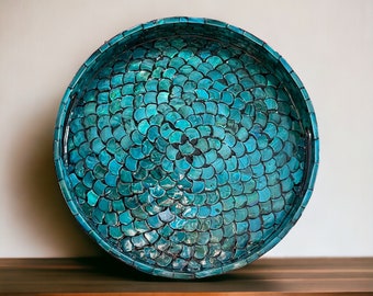 Rond ontbijtblad, dienblad van parelmoer, blauw parelmoer inlegblad visschubbenpatroon, dienblad salontafel, housewarmingcadeau voor moeder