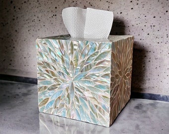 Mother pearl tissue box blue floral pattern, square cube tissue holder, luxurious tissue box cover, nacre tissue box, napkin case holder