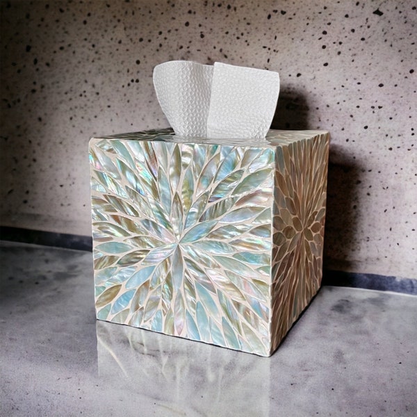 Mother pearl tissue box blue floral pattern, square cube tissue holder, luxurious tissue box cover, nacre tissue box, napkin case holder