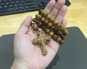 Handmade Incense Wood Rosary: Carved Crucifix, Catholic Gift