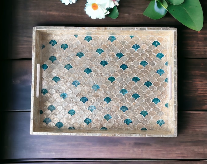 Mother pearl inlay rectangle tray, serving tray, breakfast tray, lacquer coffee table tray, decorative tray, housewarming gift, gift for mom