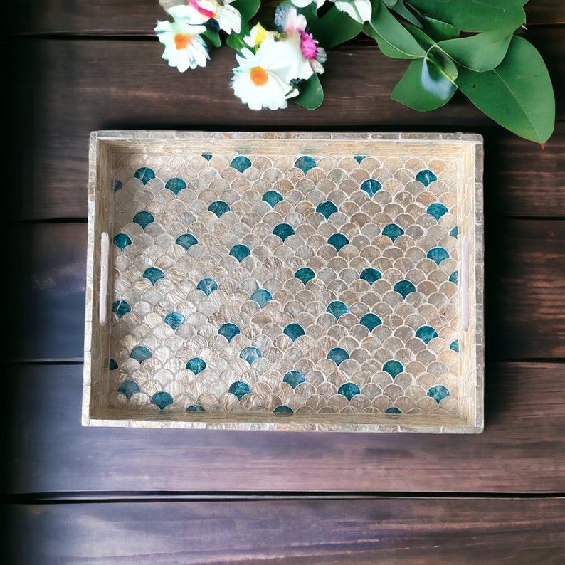 Mother pearl inlay rectangle tray, serving tray, breakfast tray, lacquer coffee table tray, decorative tray, housewarming gift, gift for mom image 1