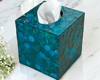 Tissueboxhoes turquoise parelmoer – decoratieve tissuehouder kust voor badkamer- of woonkamerinrichting