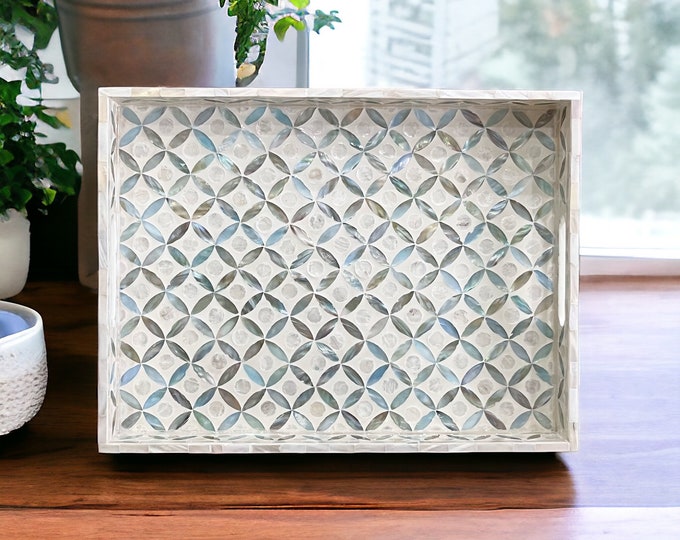 Ocean Blue Pattern Mother pearl inlay rectangular tray, serving tray, breakfast tray, coffee table tray, decorative tray, housewarming gift