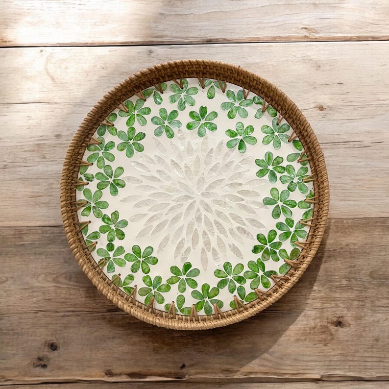 Green Flower Hand-woven Rattan & Capiz Shell Inlay Serving Tray, Coffee ...