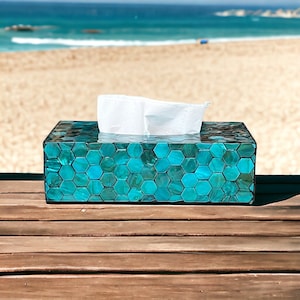 Mother pearl inlay tissue box blue teal color, rectangle tissue box holder, luxurious tissue box cover, nacre tissue box, napkin case holder