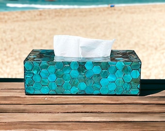 Mother pearl inlay tissue box aqua color, rectangle tissue box holder, luxurious tissue box cover, nacre tissue box, napkin case holder